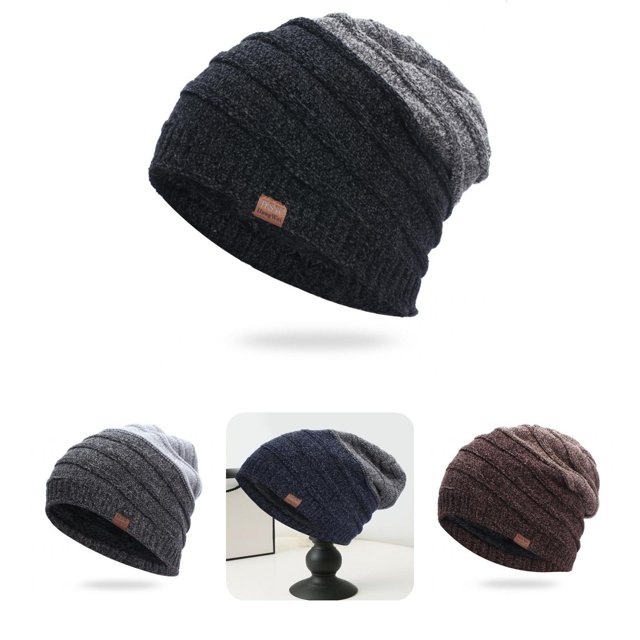 Autumn Winter Men Hat Color Block No Brim Plush Lining Ear Protection Knitting Cap for Outdoor