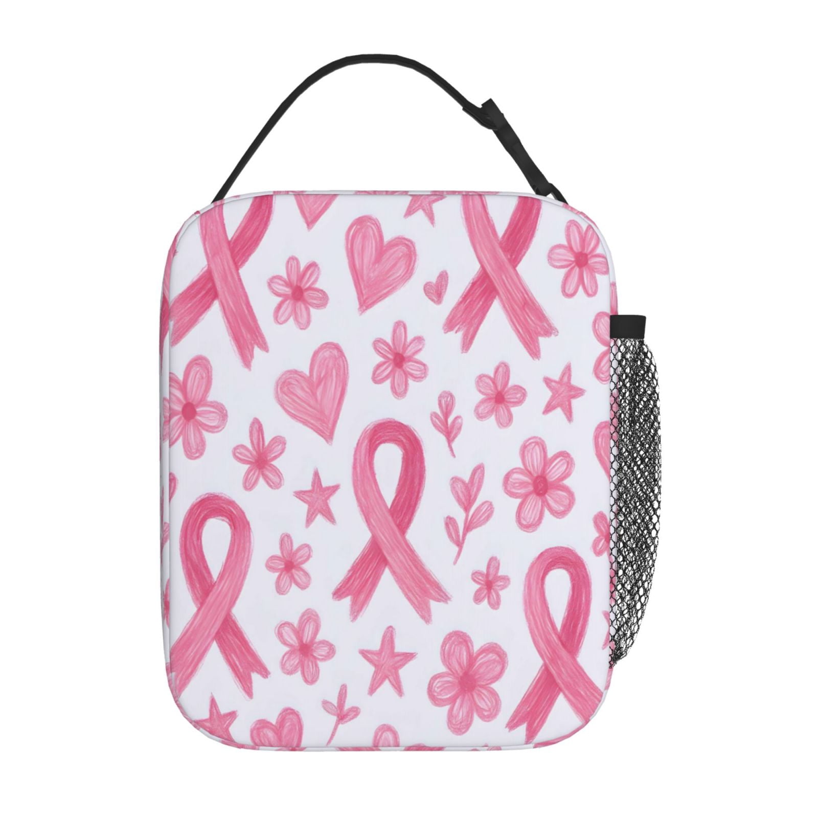 Lunch Bag For Women Men Insulated Portable Lunch Box Bento Box Office Picnic Travel Cooler Bag Artistic Pink Ribbon Pattern With Sketched Elements