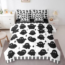 Manfei Black Funny Ghost Bedding Comforter Set 7 Pieces, Happy Halloween Full Bedding Set, Teens Boys Girls Kids Reversible Fitted Sheet Flat Sheet, Super Cozy Room Decor