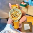 thumbnail image 2 of Reloj de Cuarzo para Mujer con Esfera de Cristal Giratoria, Tono Dorado, Correa de Cuero Amarilla, Reloj de Pulsera Casual Impermeable 3ATM, 2 of 7