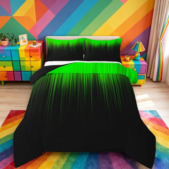 meiyoeat line Geometric Print Full Size Comforter Sets,Black Green Neon Striped Bedding Comforter Set,Reversible,3-Piece,1 Comforter and 2 Pillowcases