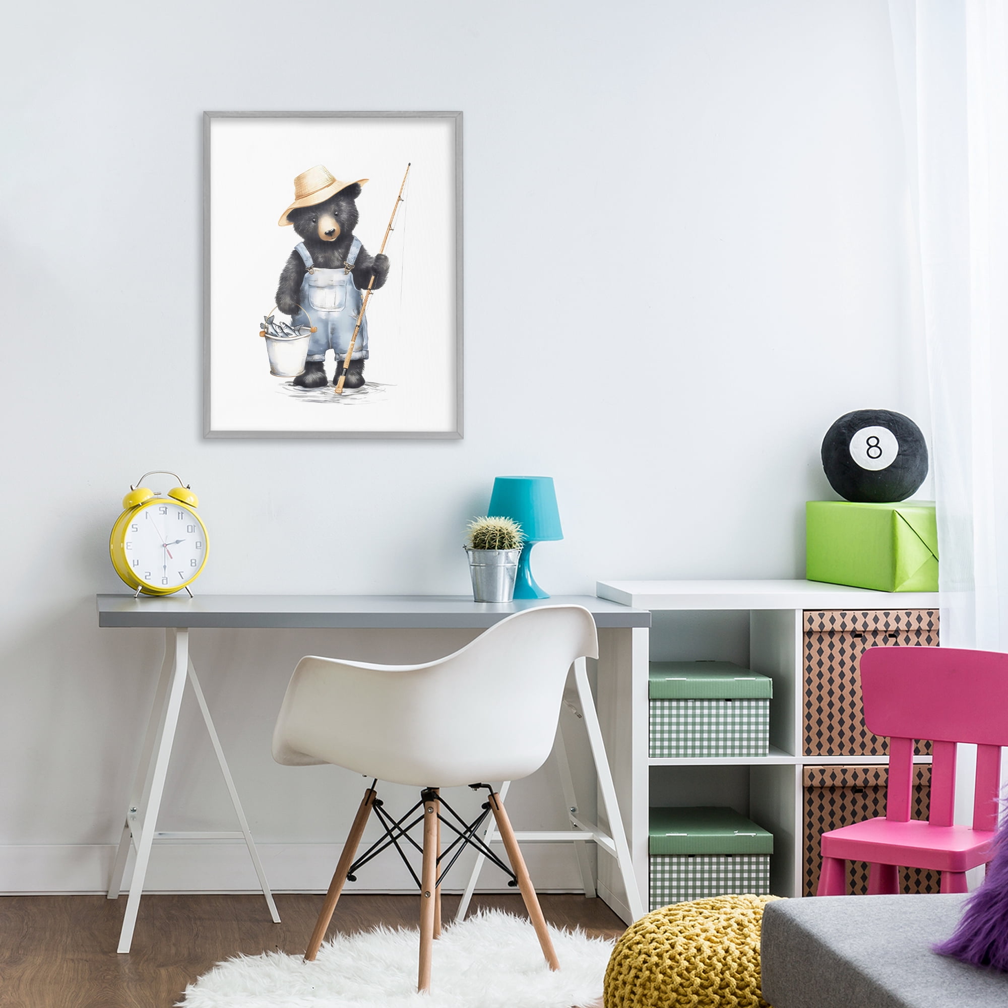Stupell Industries Fishing Bear in Straw Hat Gray Framed Giclee Art, design by Arlington Prints