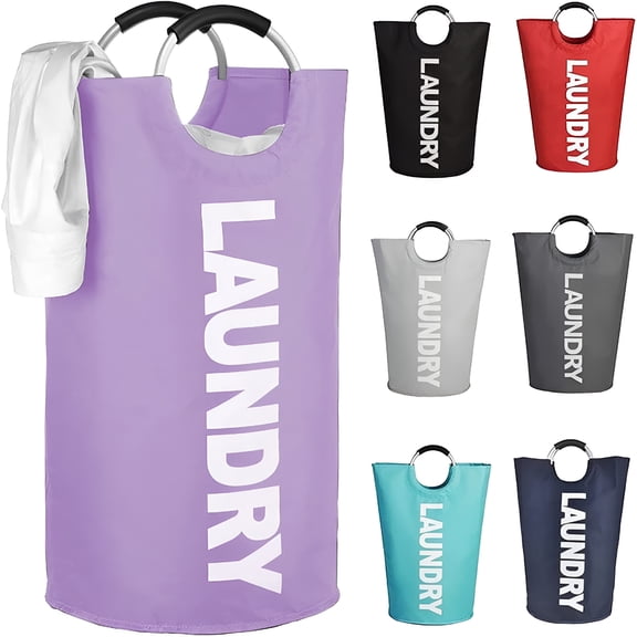 XIBUFE Collapsible Laundry Basket with Padded Handles, 90L Laundry Hamper Large Fabric Foldable Dirty Clothes Hamper Storage Basket for Bedroom Bathroom Nursery Laundry Room Organization (Purple)