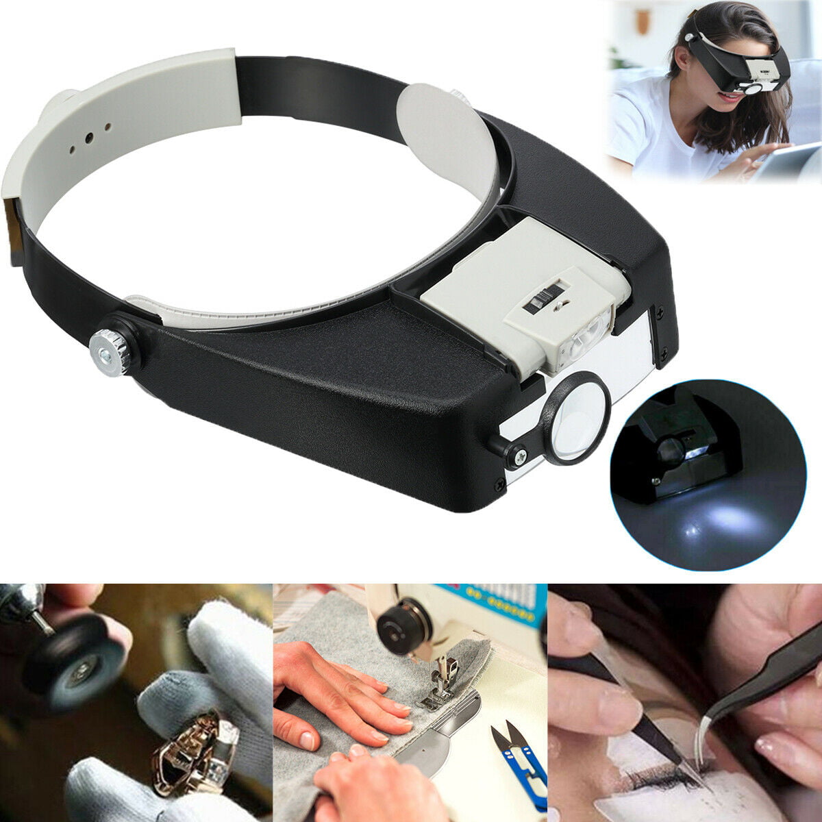 LED Jewelers Head Headband Magnifier Illuminated Visor Magnifying Glasses Loupe
