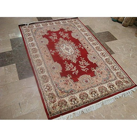 Ahmedani Linen Exclusive Red Floral Lovely Hand Knotted Home Decor Indoor Area Rug Wool Silk Carpet (6 x 4) Foot