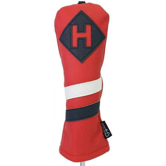 Majek Retro Golf Headcover Red with White and Blue Stripe Vintage Leather Style Hybrid Head Cover Classic Look, Wheel Tag Includes Numbers 3 Through 7 Plus X