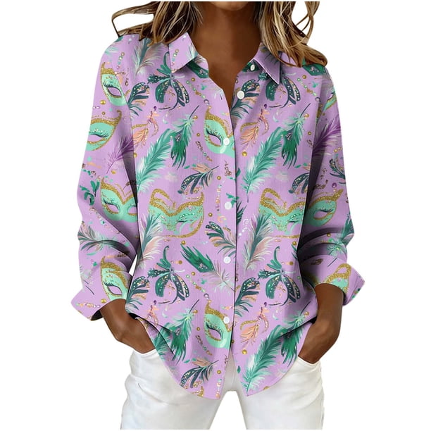 Camisetas de Cuello en V de Manga Larga para Mujeres con Estampado Navideño, Blusa Casual Delantera con Botón para Uso Diario