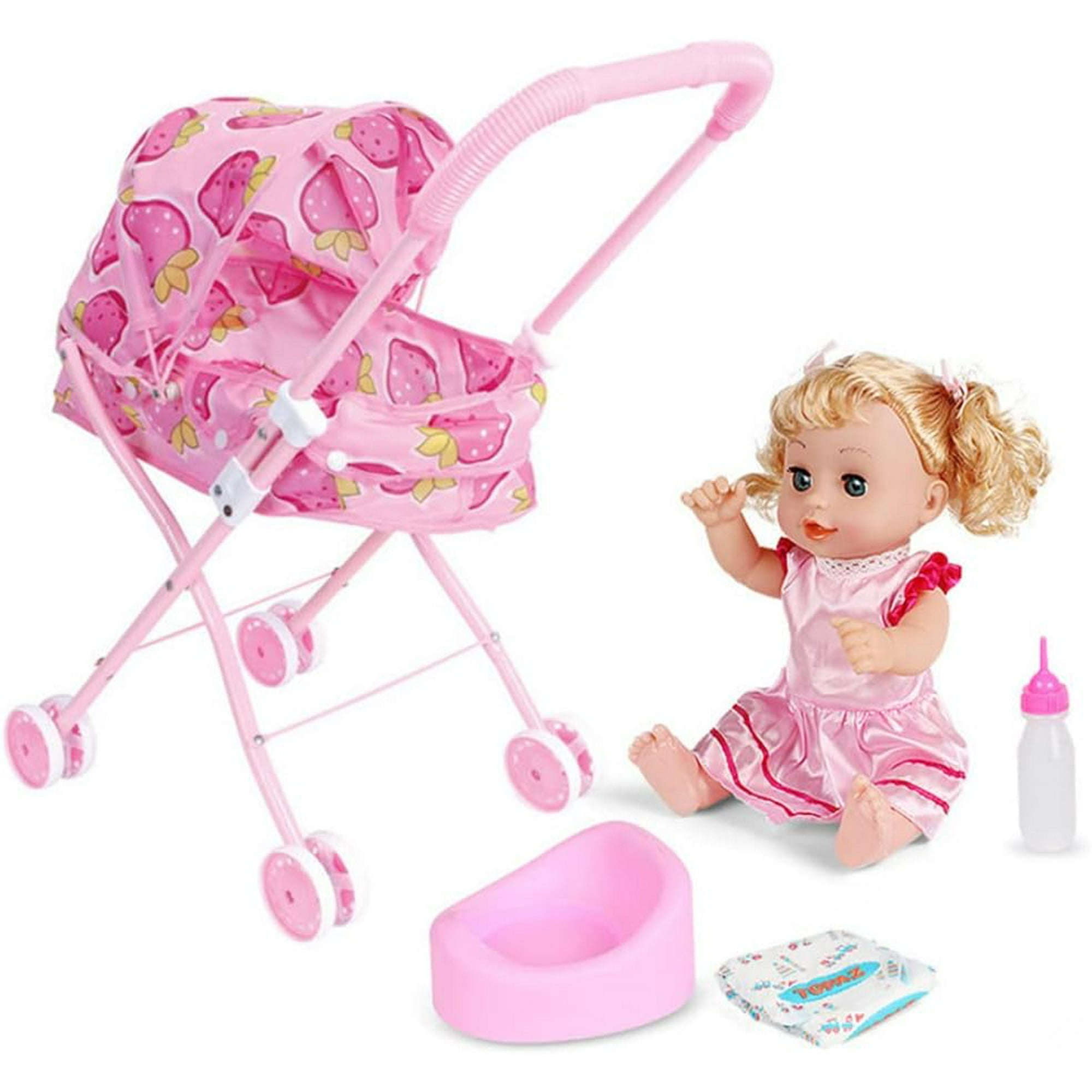 SURJDE Baby Doll Stroller Realistic 2 in 1 Baby Stroller for Dolls Foldable Pram Gift Set with Baby Doll Cartoon Printing Design Baby Stroller with Gift for Dolls 4PCS B Walmart