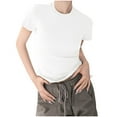 thumbnail image 2 of Tops for Women Short Sleeved Round Neck Solid Color Shoulder T-shirt White S, 2 of 6