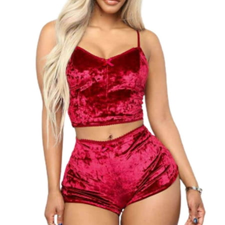 

Liveday Women 2 Piece Lingerie V Neck Crop Tops Bra Solid Color Shorts Satin Pajama Set