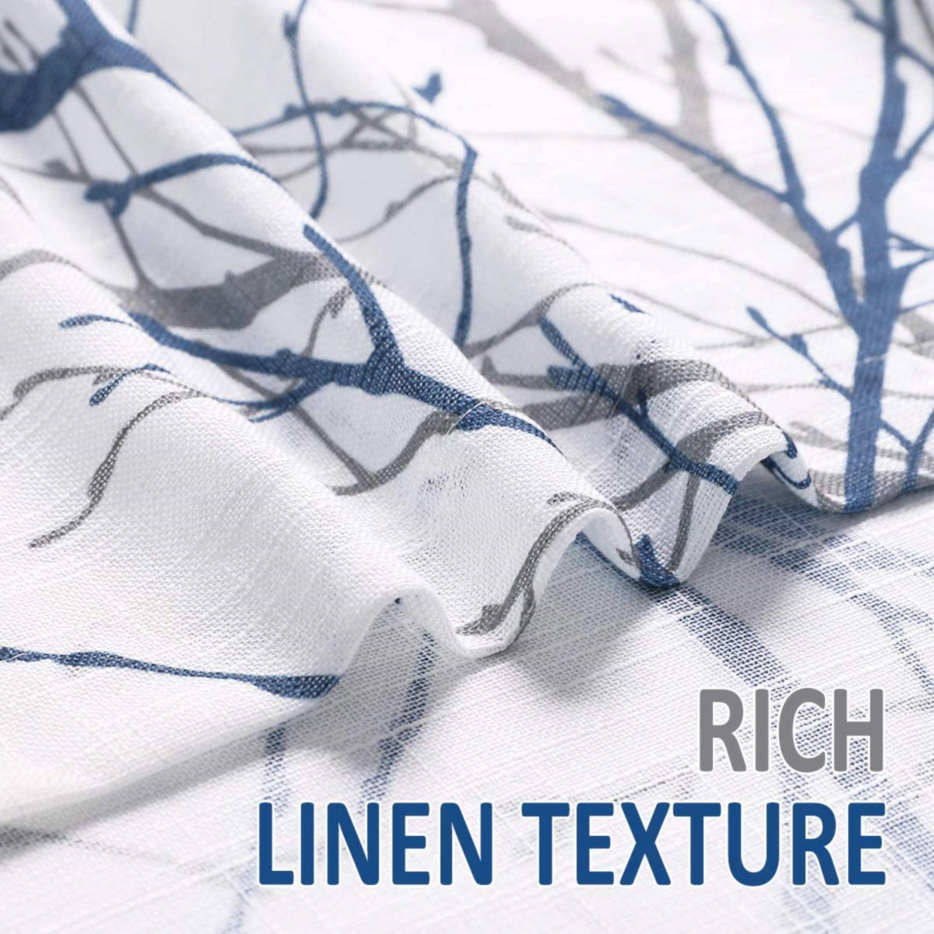 Decoultimatex White Semi Sheer Curtains for Living Room With Blue Grey Branches Printing on Linen Textured White Window Treatment Panels for Bedroom Drapes, 50"x96"x2