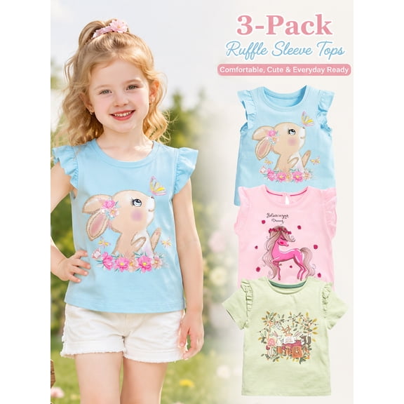 HILEELANG Toddler Girls' Cotton Short Sleeve Crewneck Tunic T-Shirts, 3 Pack (5T)