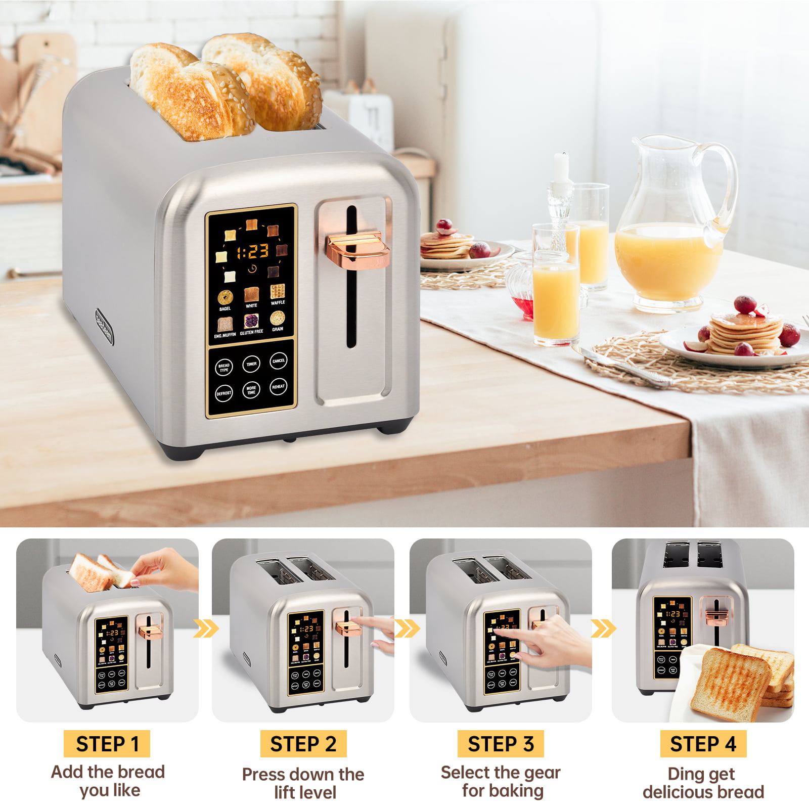 Toaster 2 Slice, Stainless Steel Toaster with Touch LCD Display (6