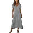 thumbnail image 6 of V Neck Short Sleeve Maxi Dress Casual Loose Fit Flowy Long Dress Sundress with Pockets for Summer Beach Vacation, 6 of 8