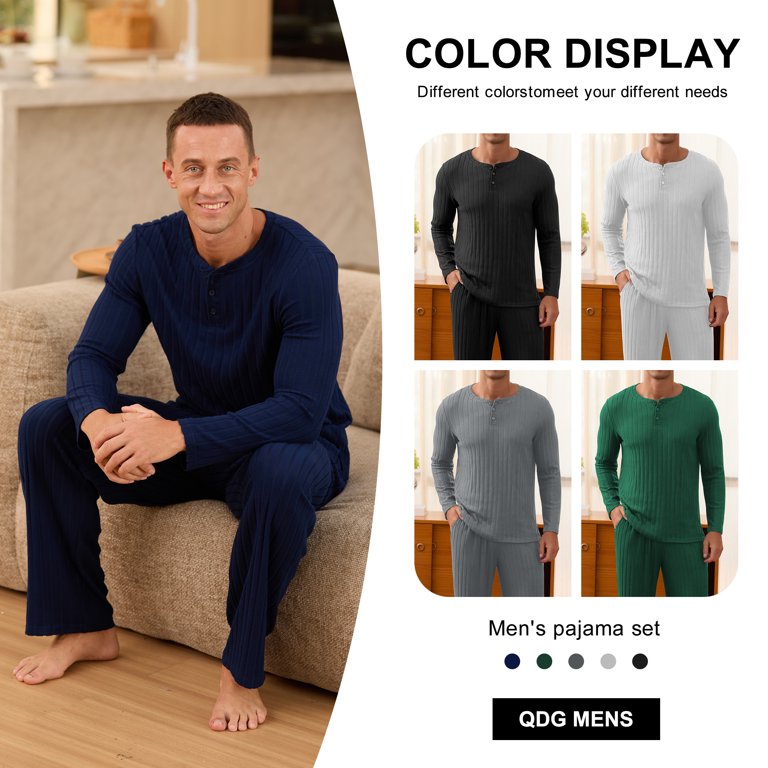 QDG Men's Pajama Set Brushed Ribbed Henley Neck photo 7