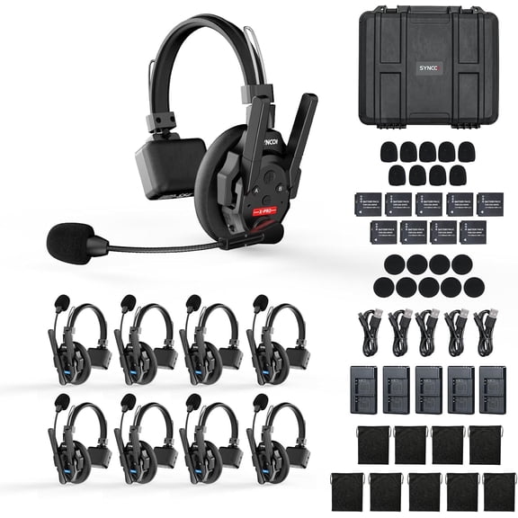 SYNCO XTALK XPro9 Wireless Intercom Headset System 2.4 GHz 1640FT/500M Long Distance Range Full Duplex for 9 Person Communication with Noise Cancellation for Live Show Stage Performance Movie Shoot