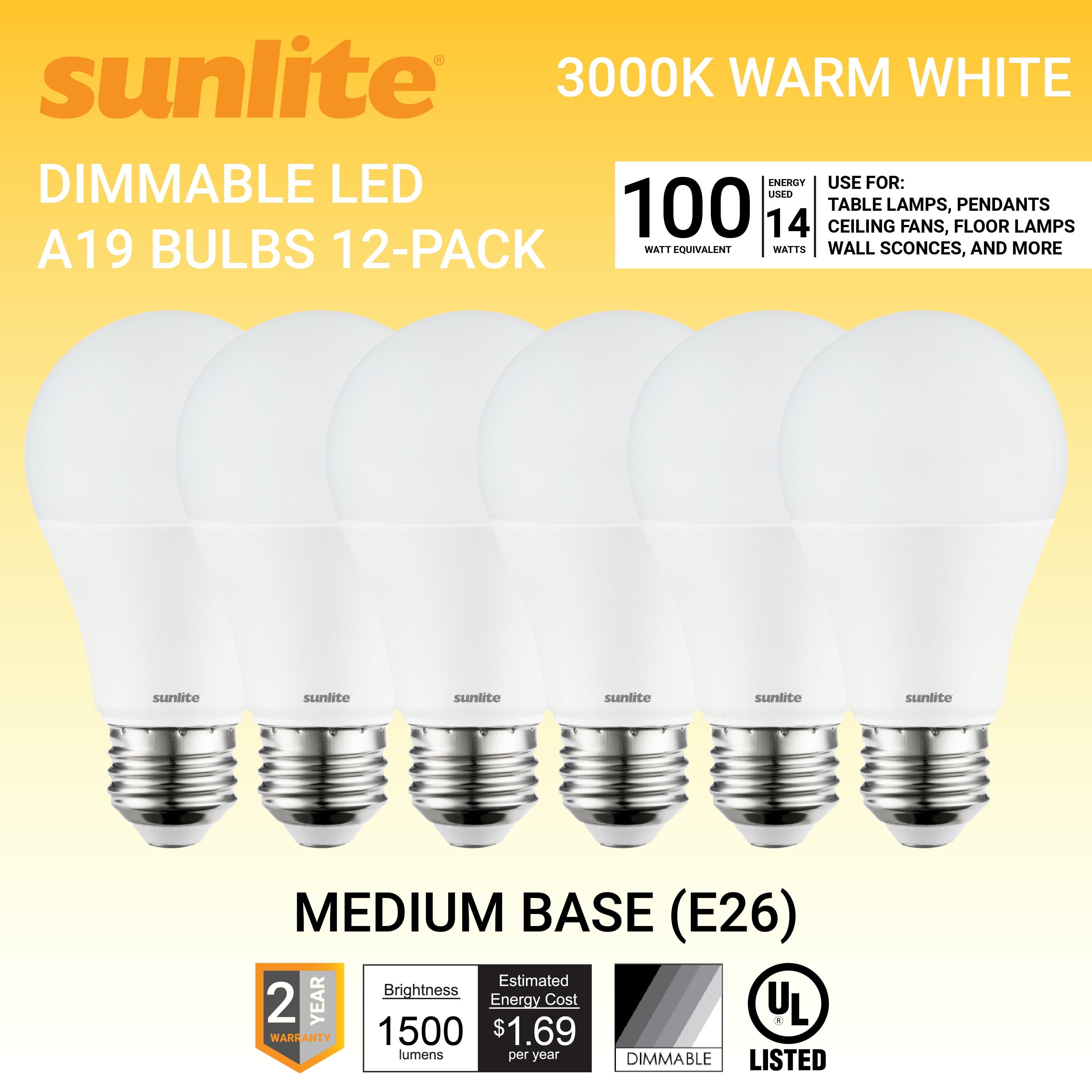 Sunlite LED A19 Super Bright Light Bulb, Dimmable 14 Watt (100W Equivalent), 1500 Lumens, Medium Base, UL Listed, 3000K Warm White, 6 Pack - Walmart.com