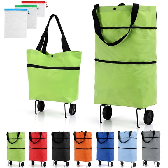 2-in-1 Foldable Shopping Cart, Large Capacity Rolling Grocery Tote with Sturdy Wheels, Collapsible Portable Cart for Shopping Laundry Travel and Home