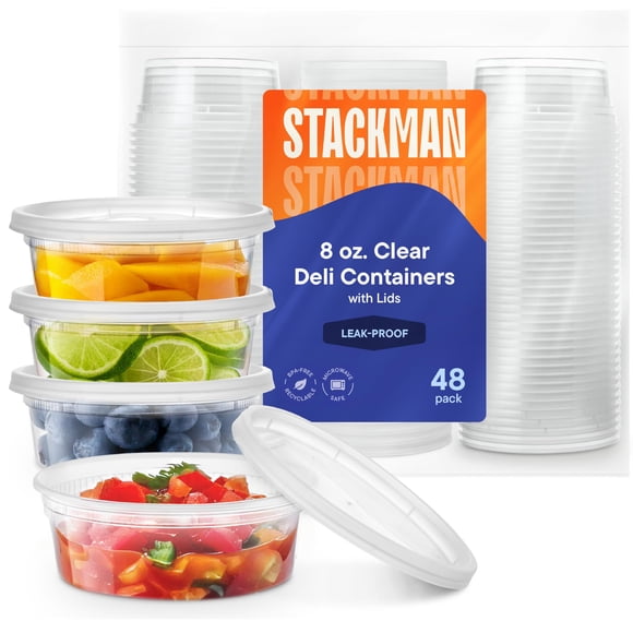 Deli Containers Stack Man, 48 juegos de plástico de 240 ml con tapas