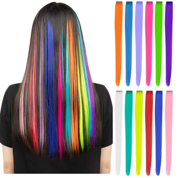 Colored Clip in Hair Extensions, Colorful Straight Long Hair Extensions Multi-Colors Party Highlights Clip in Hairpiece for Kids Girls, 12 Pcs / 22 Inch
