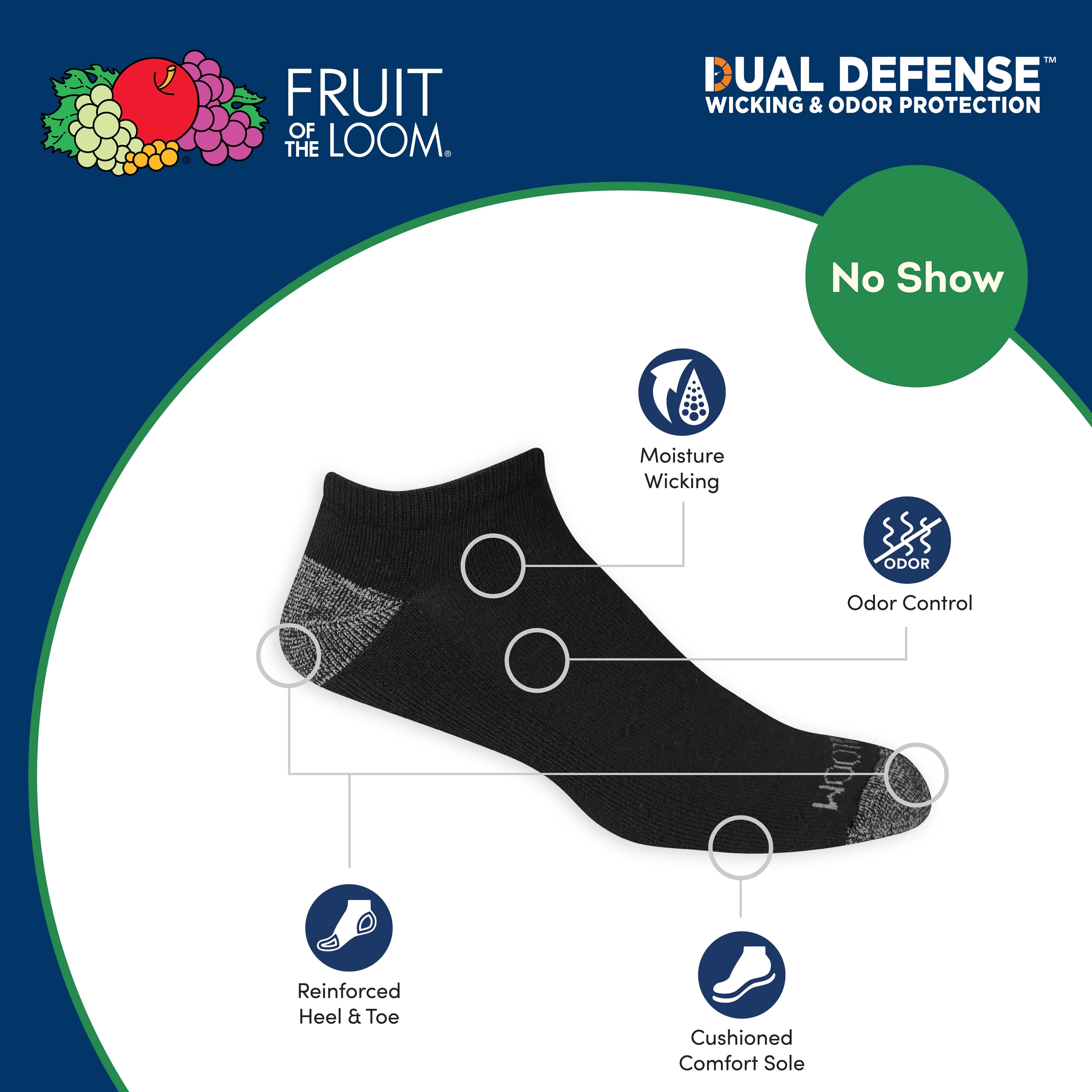 Fruit of the Loom Dual Defense No-Show Socks for Men, Black, Sizes 6-12 ...