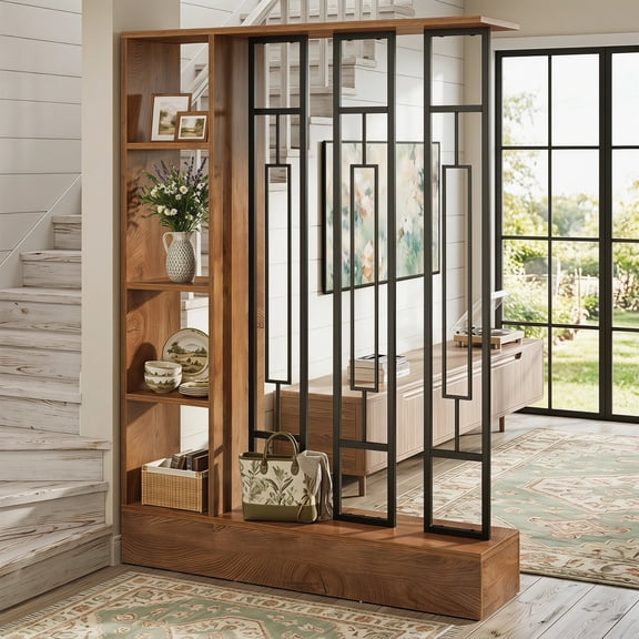 Fnova 70.9" Wall Room Divider with Shelves, Farmhouse Wall Divider with Sturdy Base, Easy to Assemble, Suitable for Home and Office Decoration, Brown