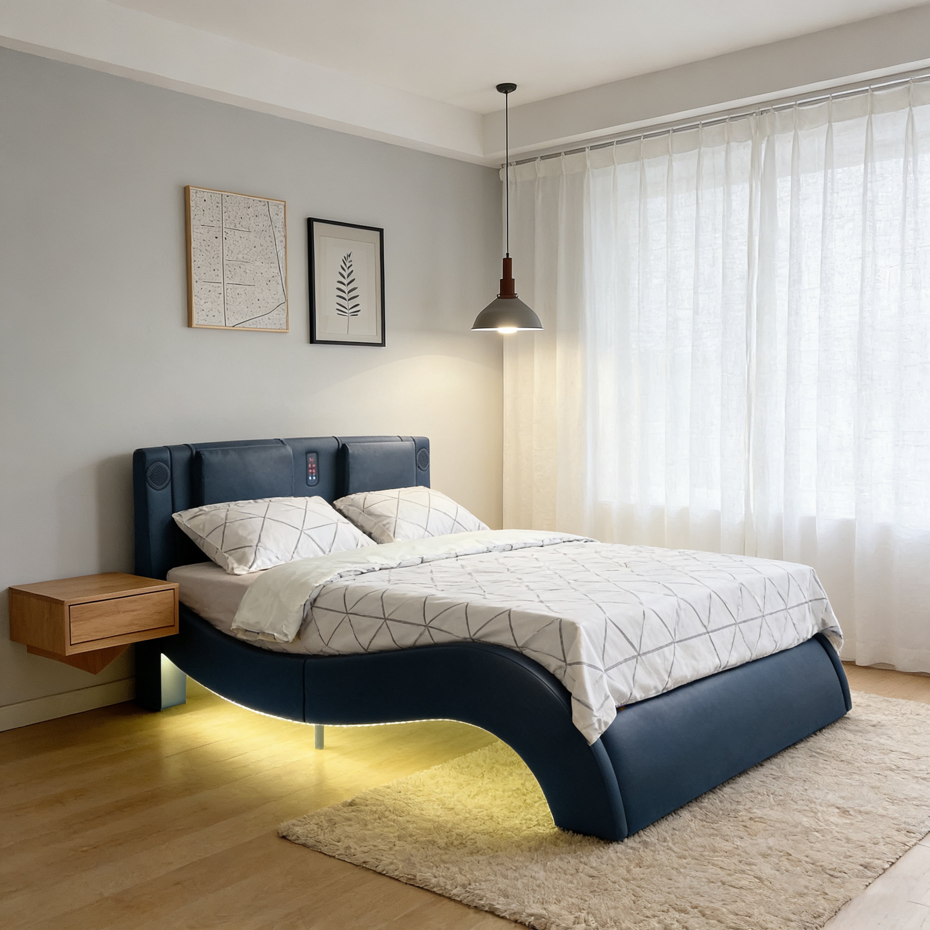 Mintazer King Faux Leather Platform Bed Frame with Massage Headboard & Bluetooth Speakers, Upholstered Platform Bed with USB Charging Ports & RGB LED Under Bed Lights for Bedroom, Black