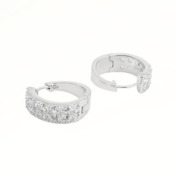 Sterling Silver Double Row Cubic Zirconia Huggie Hoop Earrings for Women, Prong Set Sparkling Everyday Jewelry