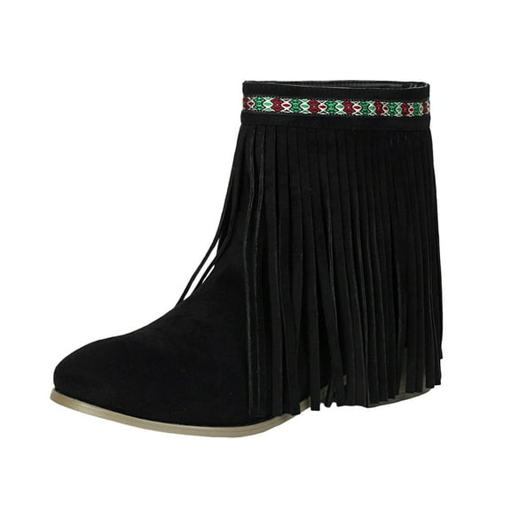 Black Women Stylish Casual Tassel Sleeve Ankle Boots Thick Heel Winter Flock Leather Comfortable Versatile Outdoor Walking
