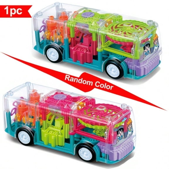 Transparent Gear Pull-Back Bus Toy Car, Friction Powered Vehicle with Lights & Sounds for Toddler Boys Girls Birthday Gift