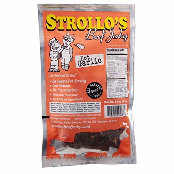 Strollo's Beef Jerky Hot Garlic Flavor 1, 1.5oz Pack - Keto, Paleo, 0g Carb, Low In Sodium, High Protein 0g Sugar - All Natural Beef, USDA Certified