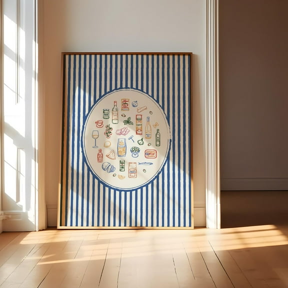 Italian Pantry Print — Ingredient Illustration with Navy Stripes, Mediterranean Kitchen Wall Art, Trattoria Dining Poster, Rustic Home Decor, Unframed Poster Size 8x12