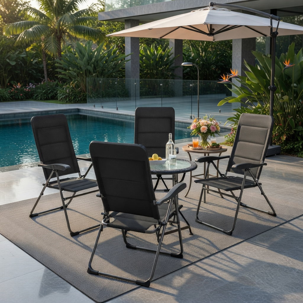 Hommoo 4-Pack Heavy-Duty Folding Patio Chairs with 7-Position Adjustable Backrest, Steel Frame & Breathable Oxford Fabric, Black
