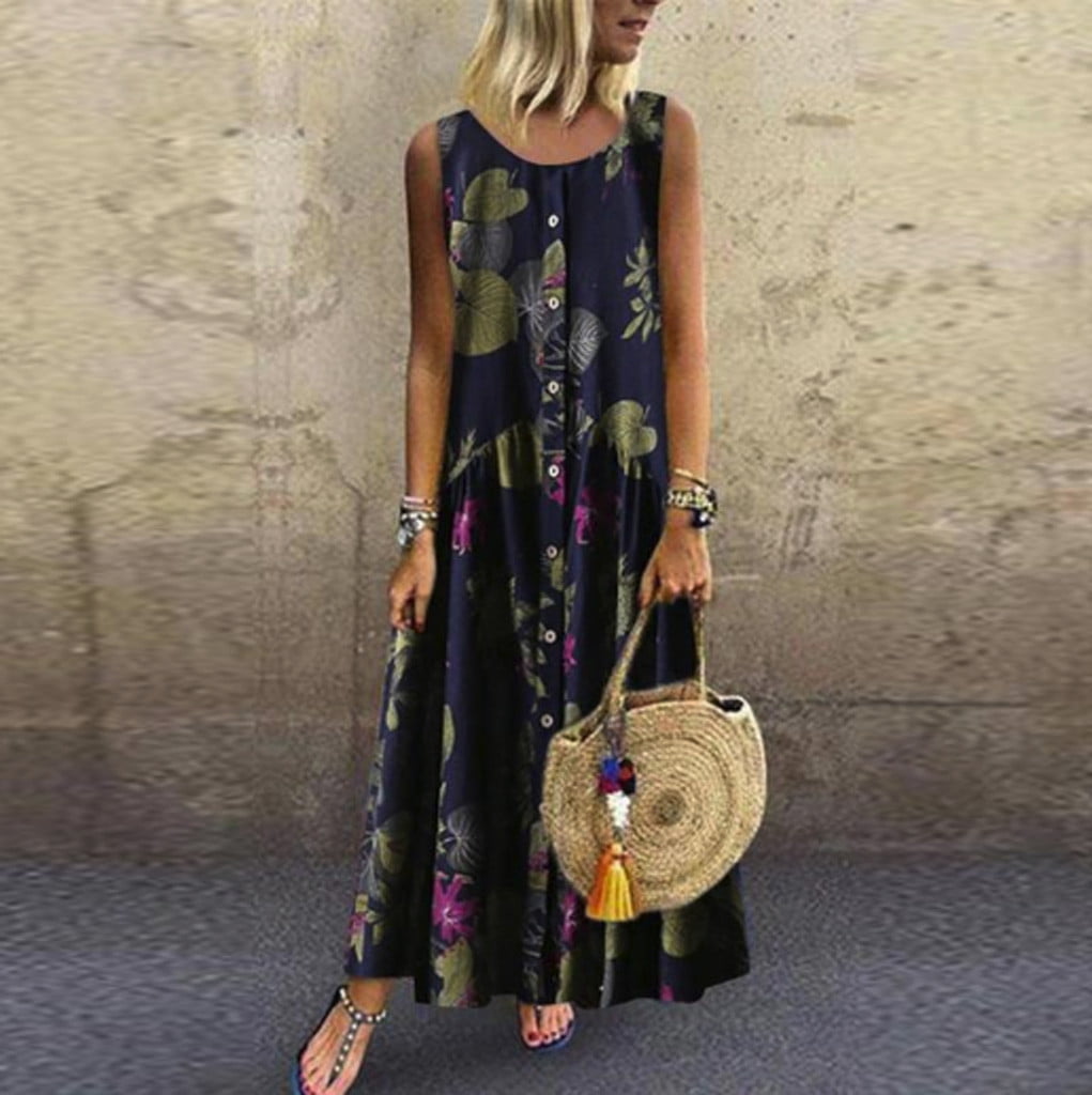 Psunrise Women Plus Size Bohemian O-Neck Floral Print Vintage Sleeveless Ankle-Length Long Maxi Dress Vestido 