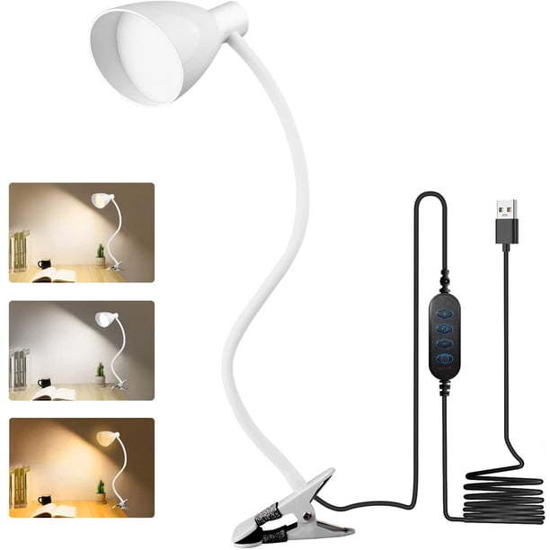 Lámpara de mesa LED con pinza para cama infantil, regulable, apagado automático, rotación flexible de 360° y función de memoria (blanca).