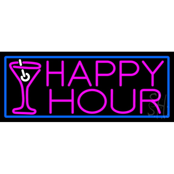 Pink Happy Hour And Wine Glass With Blue Border LED Neon Sign 10 x 24 - inches, Clear Edge Cut Acrylic Backing, with Dimmer - Bright and Premium built indoor LED Neon Sign for Bar decor.