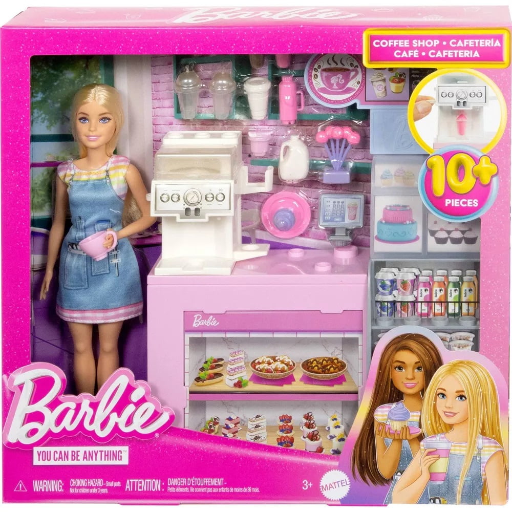 Barbie Coffee Break Set with Barista Blonde Doll and More than 12 Accessories, Including Coffee Machine/Smoothie, Food, Cups and Much More, HXN94