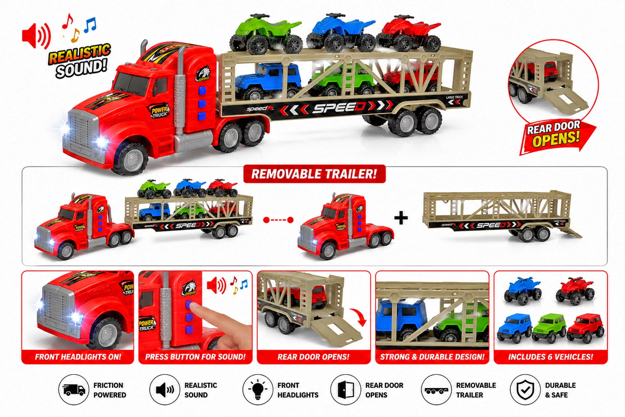 Friction Powered Toy Car Carrier Truck, 23 Inch Transport Trailer with 6 Mini Vehicles, Lights, Sounds, Opening Rear Door, Detachable Trailer