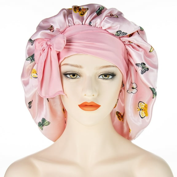 2Pack Satin Sleeping Bonnet, Large Satin Sleep Bonnet with Long Strap, Adjustable Sleep Cap Hair Bonnet for Women & Men  Pink