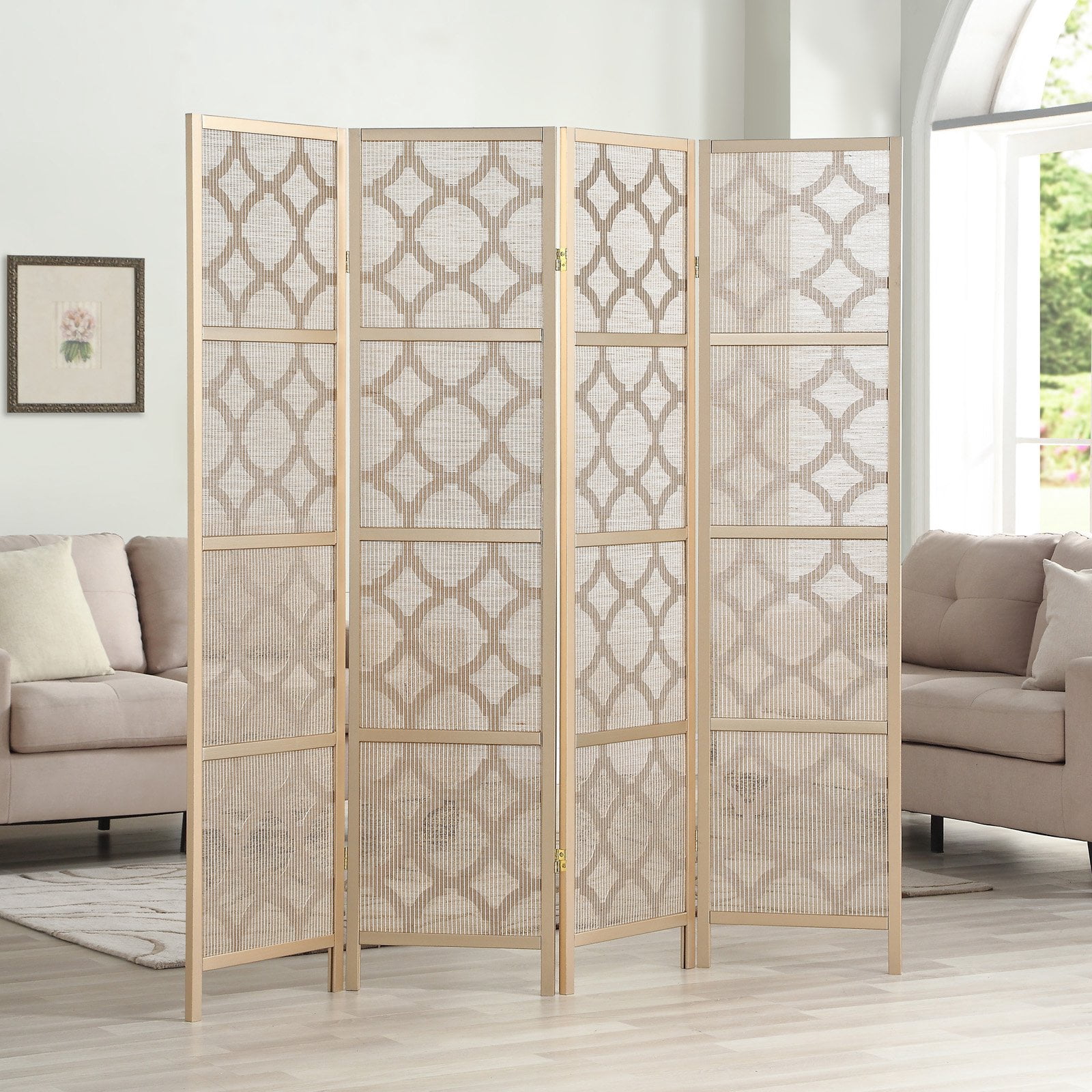 Roundhill Furniture Quarterfoil Infused Diamond Design 4 Panel Room Divider, 70" Tall, Gold