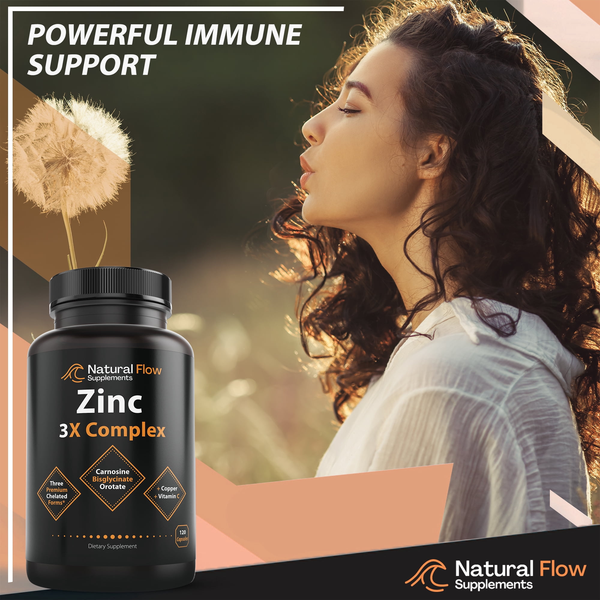 Natural Flow Supplements 3X Zinc Supplement Complex, Copper and Vitamin C Blend, Immune Support Aid, 120 Caps