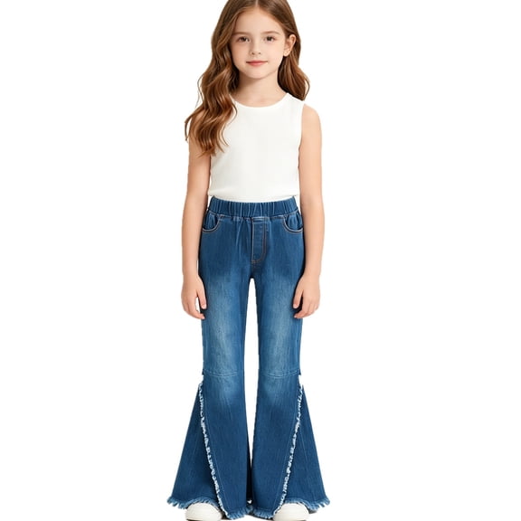 iiniim Kid Girls Youth Casual Ripped Denim Jeans Flare Pants Elastic Waist Bell Bottom Raw Hem Leggings Trousers Dark Blue 8