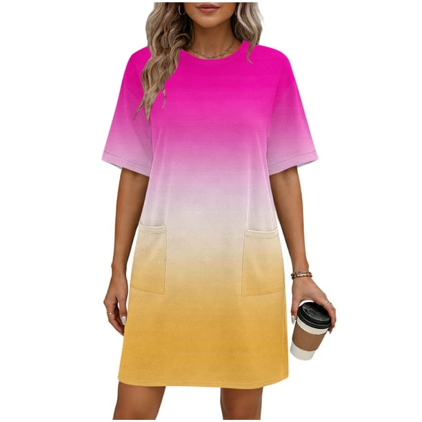 Mujeres Manga Corta Tops Impresión Casual Cuello Redondo Vendaje Vestido Falda de las Señoras, Vestido de Manga Corta para las Mujeres Primavera Verano Uso Diario