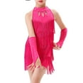 thumbnail image 2 of inlzdz Kids Girls Halter Backless Tassel Latin Salsa Samba Rumba Tango Dance Dress with Gloves Hot Pink 130, 2 of 7