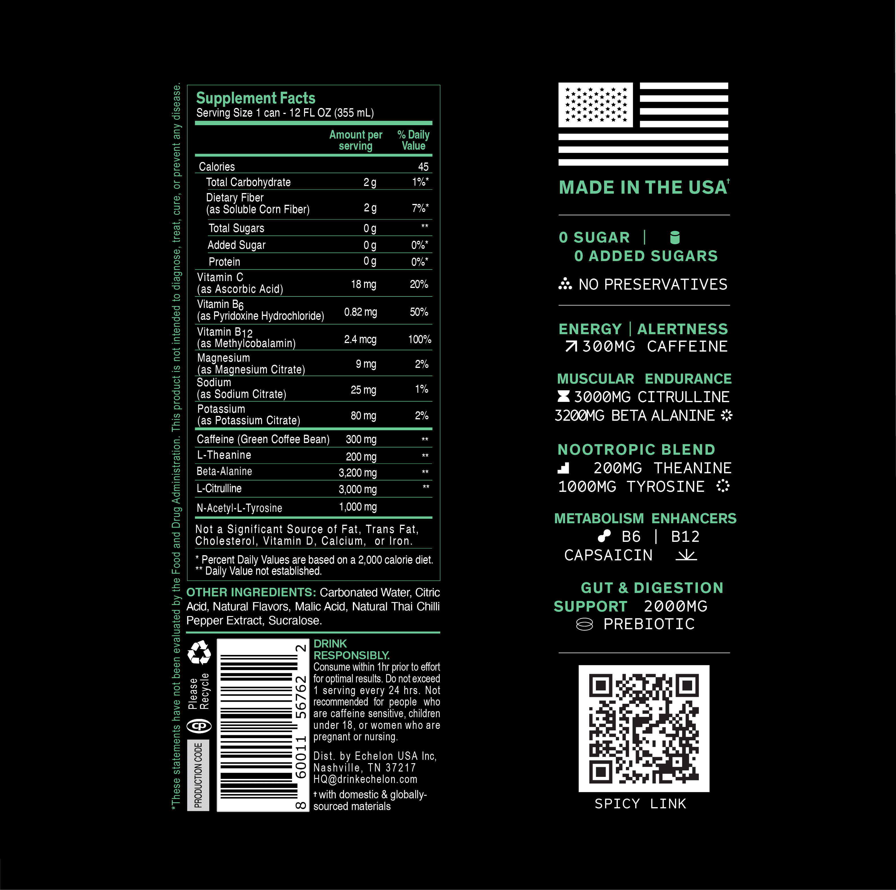Echelon Energy Drink - 12-Pack Watermelon Thai Chili Flavor - Pre-Workout with 300mg Caffeine, L-Theanine, Beta-Alanine - Military Developed