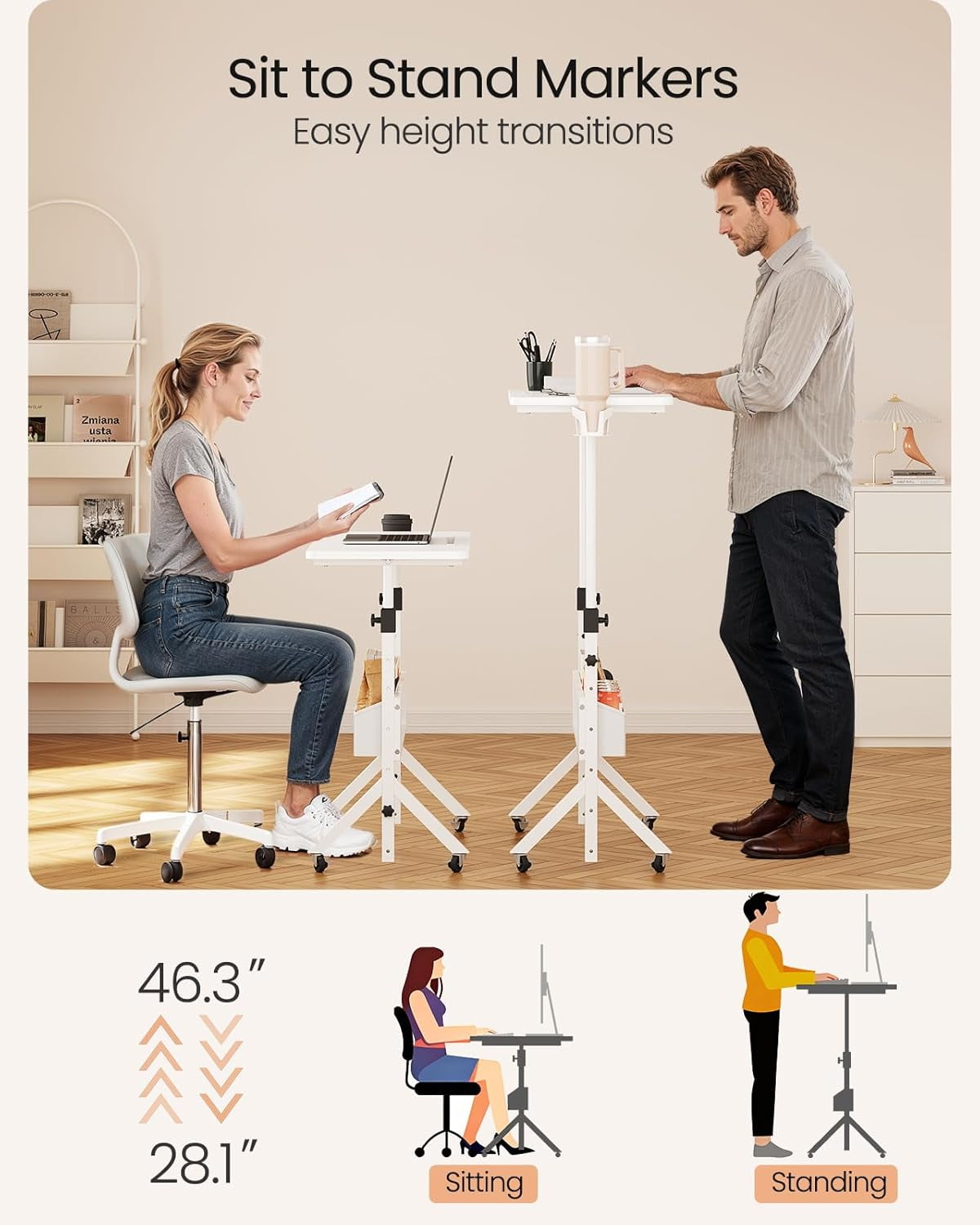 CHITOOMA Mobile Standing Desk with Cup Holder, 6 Level Height-Adjustable Computer Desk with Laptop Slot for Office, White