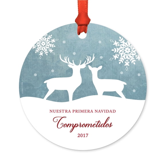 Spanish Family Metal Christmas Ornament, Nuestra Primera Navidad Comprometidos 2017, Includes Ribbon and Gift Bag