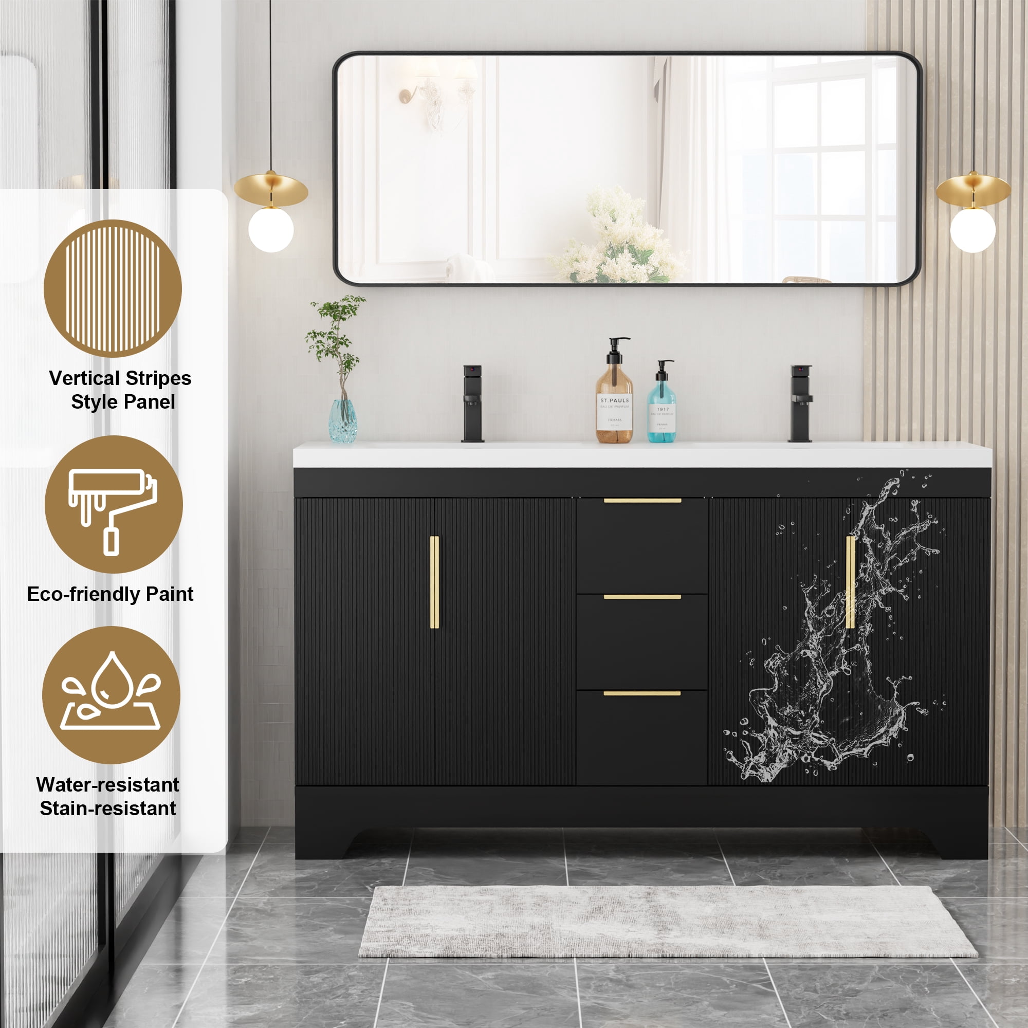 Eclife 60-inch Double Sink Bathroom Vanity with Integrated Tops, Soft-Close Hinges, Fluted Door Design, Mid-Century Modern