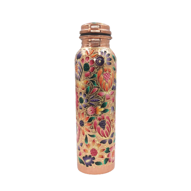 TERMO DE COBRE DECORADO EN OLEO Y LAMINILLA/CAPACIDAD 1LT/ TAMAÑO 27CM ALTO X 7 DE DIAMETRO/TAPA CON PLASTICO ANTIDERRAMES MEXAS HANDMADE STORE TERMO/COBRE/OLEO