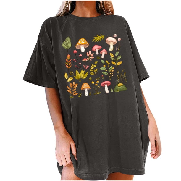 Camisetas de Manga Corta para las Mujeres Impresión Floral Cuello Redondo Gota Hombro Manga Superior Moda Casual Verano Camisetas de Manga Corta para las Mujeres